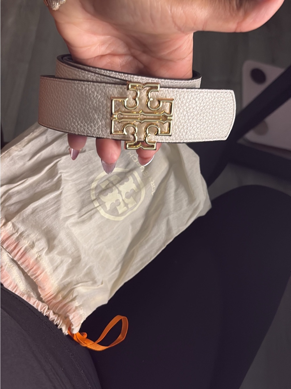 Tory Burch Pebbled Cream Leather Belt with Gold Logo Buckle